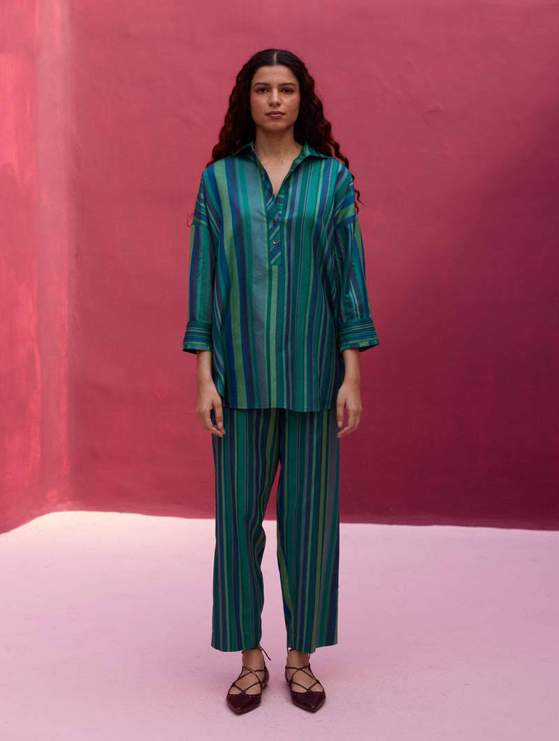 Nadia Stripe Silk Co-ord Set - Peacock