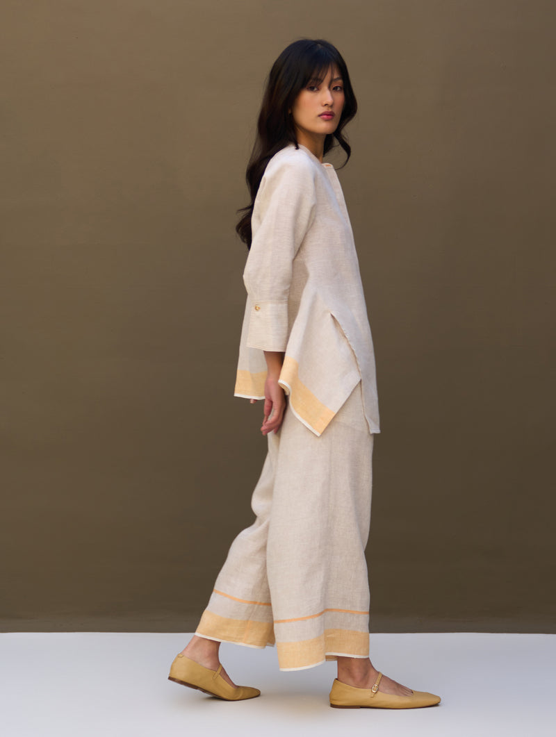 Yoshi Border Linen Top - Natural