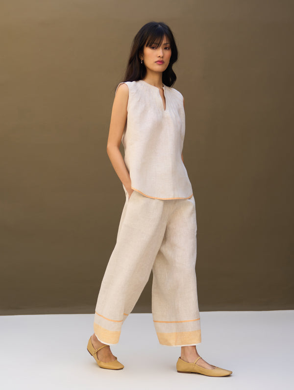 Emi Border Linen Top - Natural