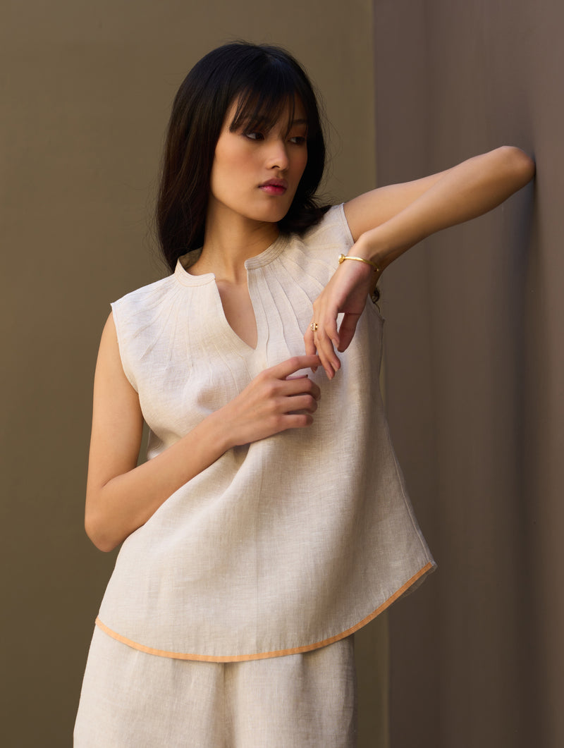 Emi Border Linen Top - Natural