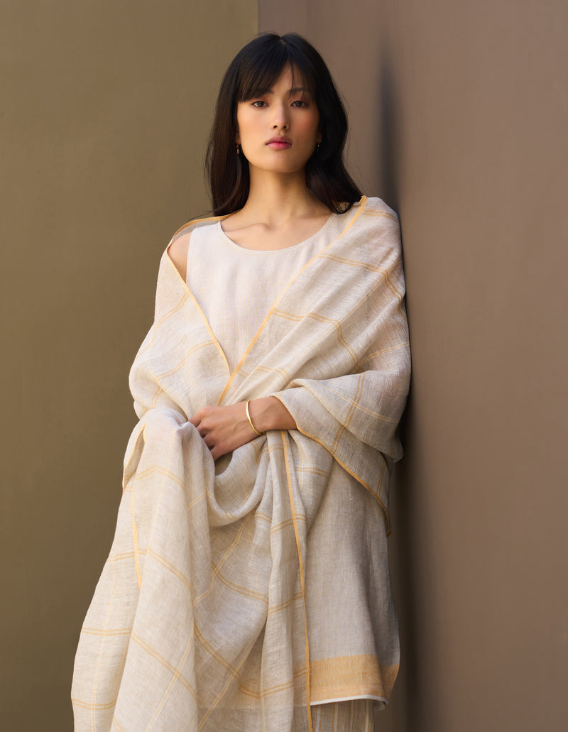 Kuma Stripe Border Linen Dupatta - Natural