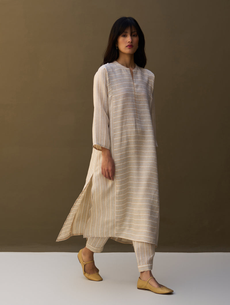 Ezra Striped Linen Kurta - Natural