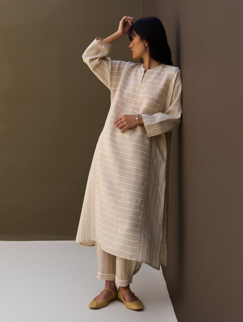 Ezra Striped Linen Kurta Set - Natural