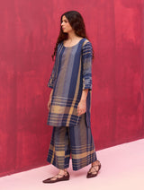 Rina Check Linen Kurta - Navy