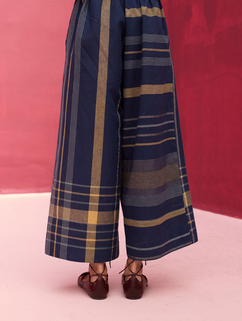 Karuna Check Linen Pant - Navy