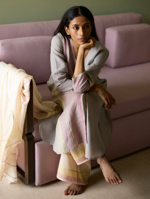 Ash Grey Shaza Linen Kurta with Fern Pants and Dupatta