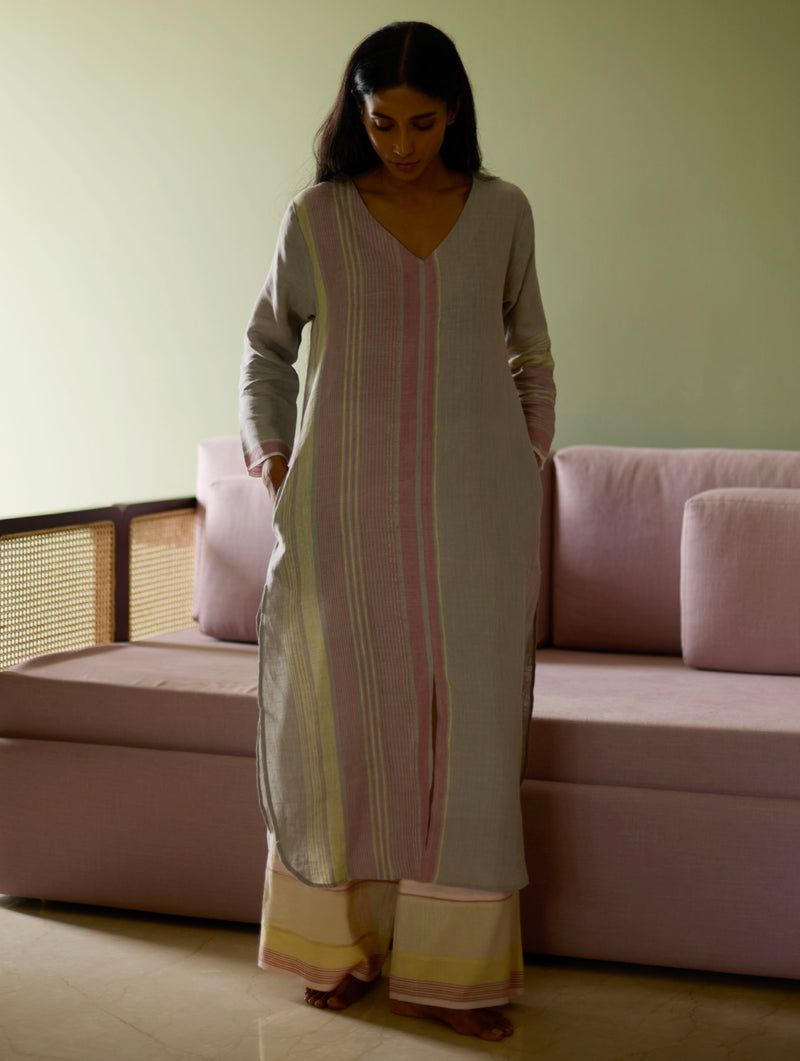 Ash Grey Shaza Linen Kurta with Fern Pants and Dupatta