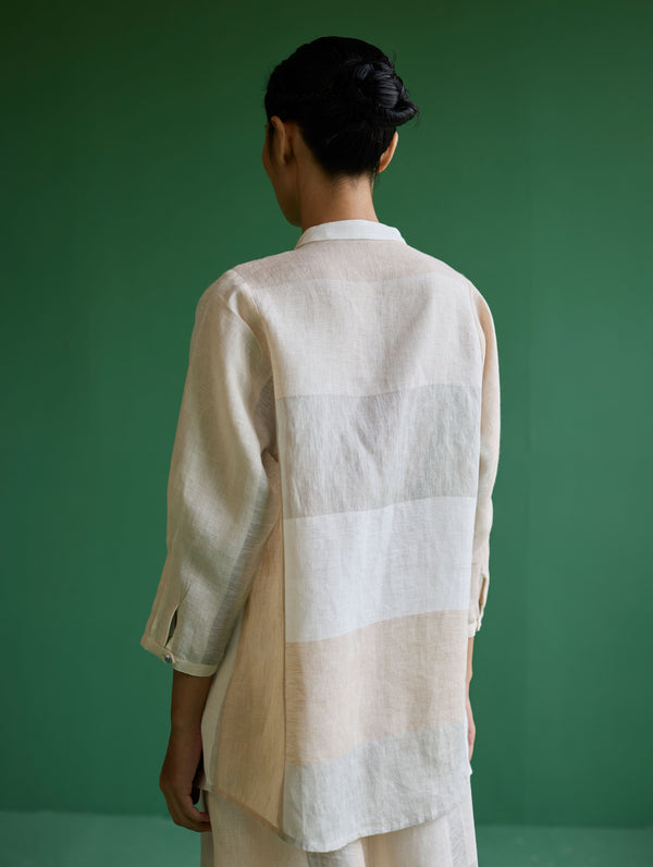 Izara Stripe Patchwork Linen Shirt - Ivory