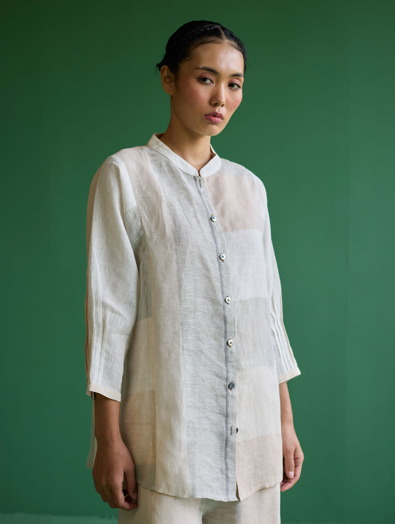 Izara Stripe Patchwork Linen Shirt - Ivory