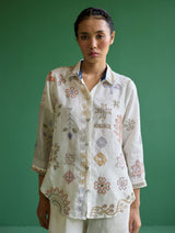 Tansa Hand-Embroidered Metallic Linen Shirt - Ivory