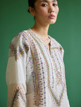 Rida Hand-Embroidered Metallic Linen Kurta - Ivory