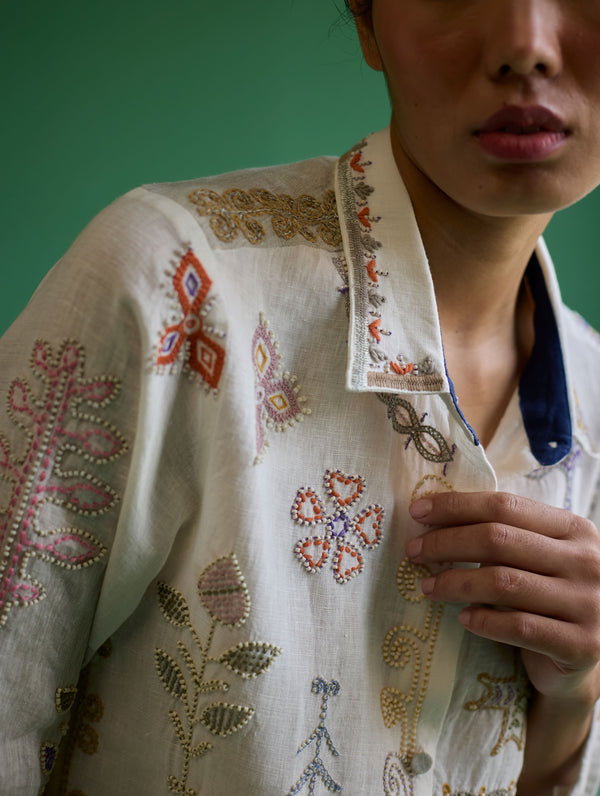 Tansa Hand-Embroidered Metallic Linen Shirt - Ivory