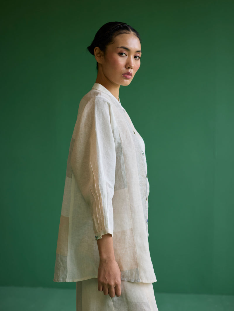 Izara Stripe Patchwork Linen Shirt - Ivory