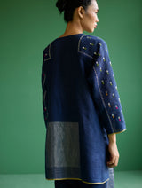 Ennya Hand-Embroidered Metallic Linen Kurta - Navy