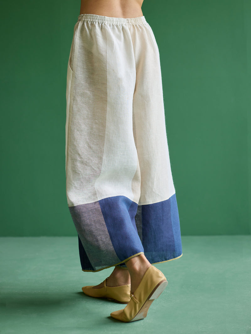 Kio Color-Blocked Linen Pant- Ivory