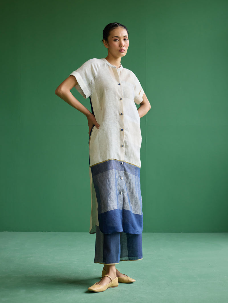 Nila Color-Blocked Metallic Linen Kurta - Ivory