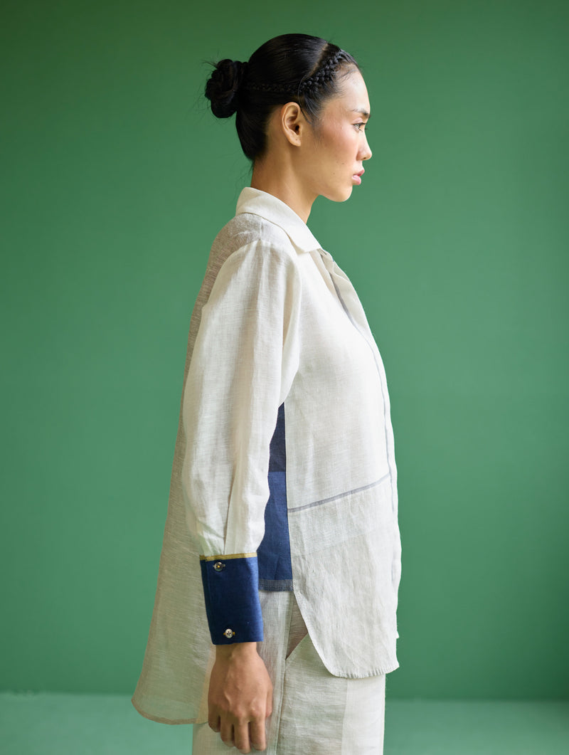 Yang Color-Blocked Metallic Linen Shirt - Ivory