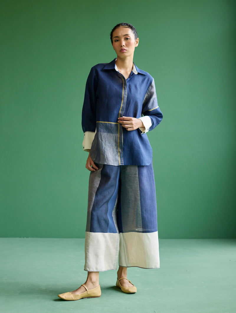 Kio Color-Blocked Linen Pant - Navy