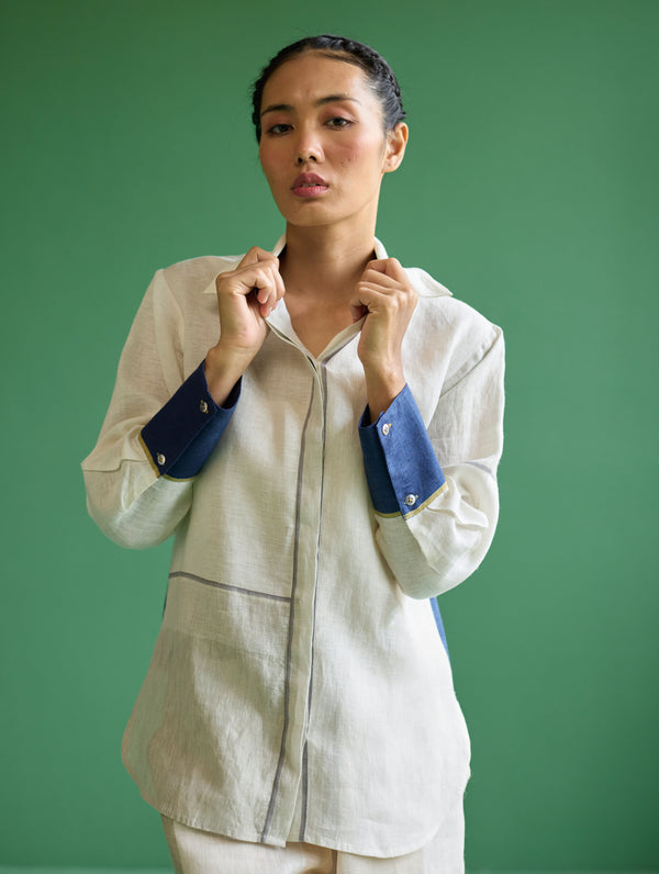 Yang Color-Blocked Metallic Linen Shirt - Ivory