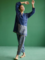 Ennya Hand-Embroidered Metallic Linen Kurta - Navy