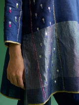 Ennya Hand-Embroidered Metallic Linen Kurta - Navy