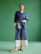 Yang Color-Blocked Metallic Linen Shirt - Navy