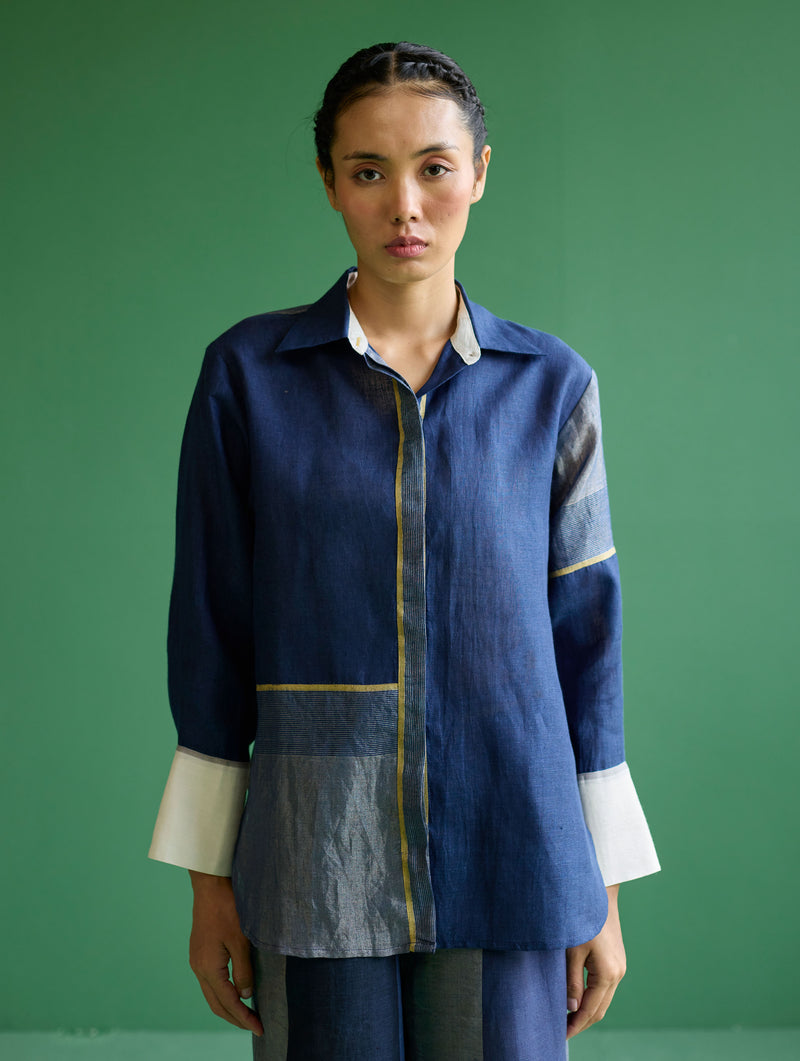 Yang Color-Blocked Metallic Linen Shirt - Navy