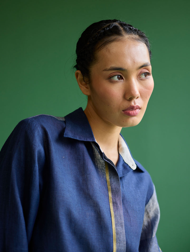 Yang Color-Blocked Metallic Linen Shirt - Navy