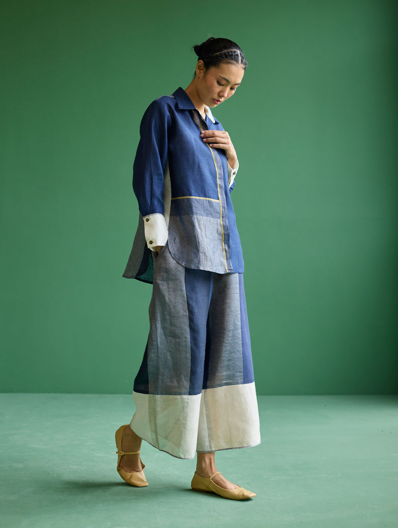 Yang Color-Blocked Metallic Linen Shirt - Navy