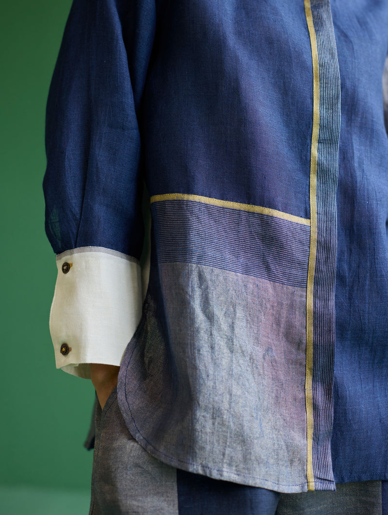 Yang Color-Blocked Metallic Linen Shirt - Navy