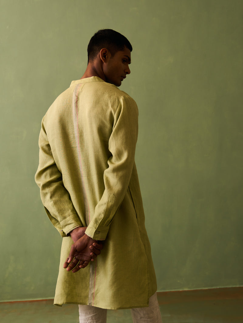 Rin Border Linen Kurta - Fern