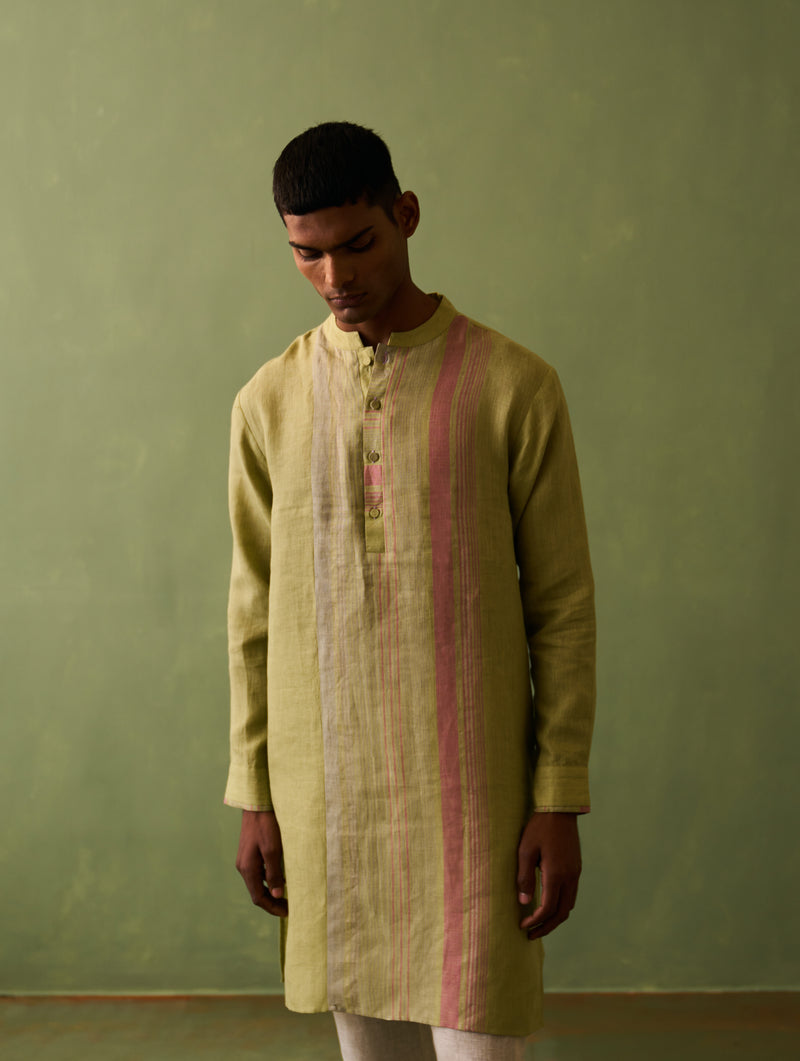 Rin Border Linen Kurta Set - Fern