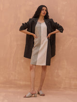 Ikis Color-Blocked Linen Shift Dress - Charcoal