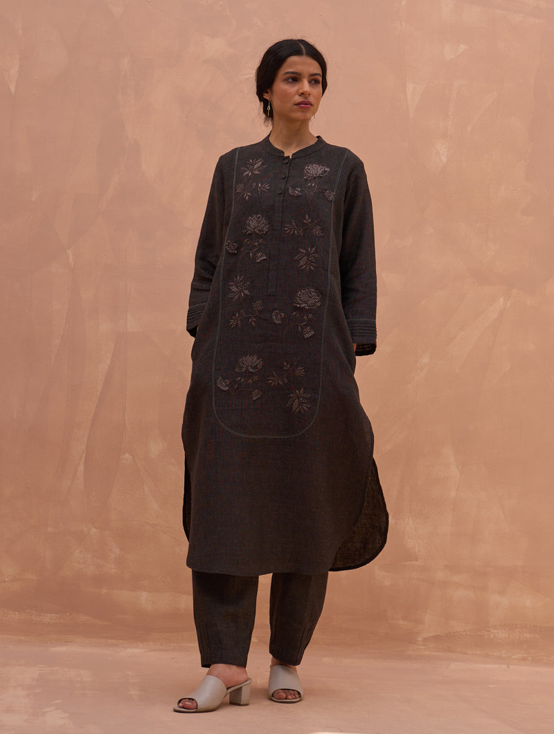 Kisa Hand-Embroidered Kurta - Charcoal