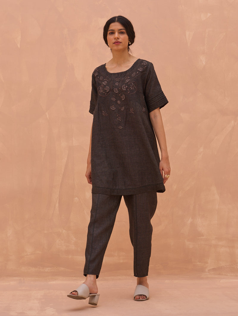 Celia Linen Tunic Top - Charcoal