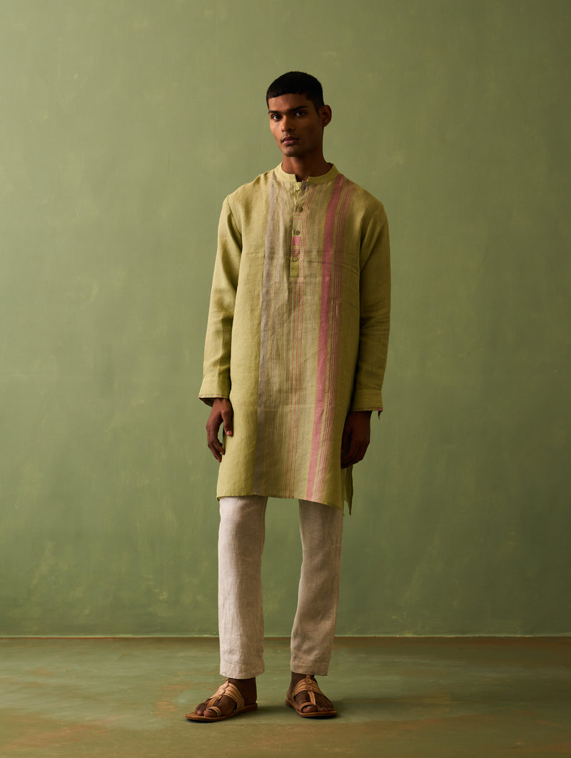 Rin Border Linen Kurta - Fern