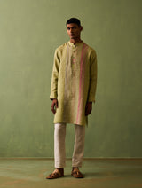 Rin Border Linen Kurta Set - Fern