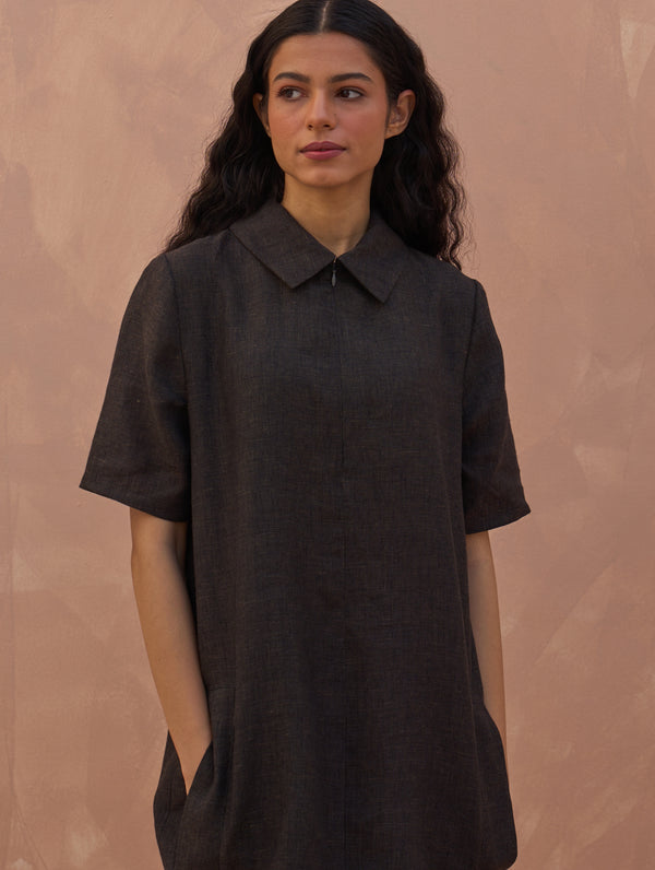 Runa Linen Shift Dress - Charcoal