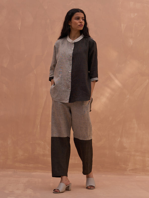 Cara Color-Blocked Linen Pant - Charcoal