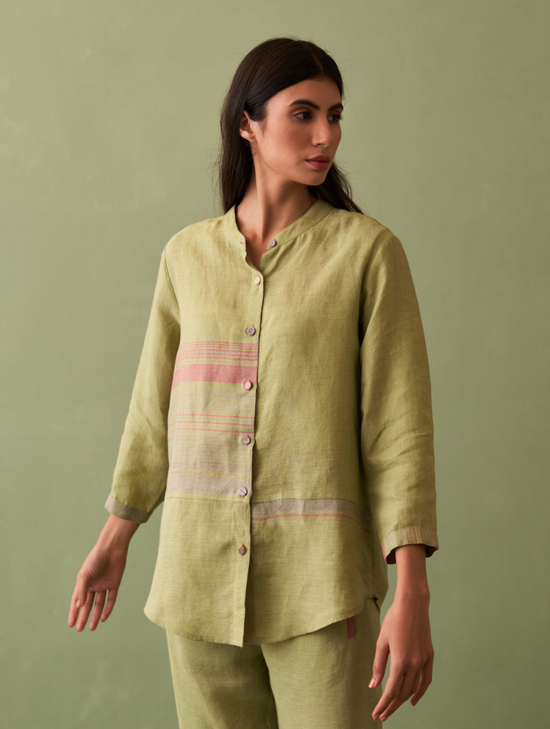 Resa Border Linen Shirt - Fern