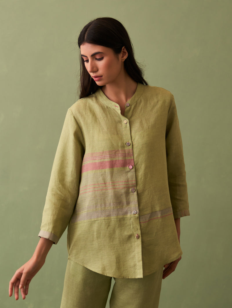 Resa Border Linen Shirt - Fern