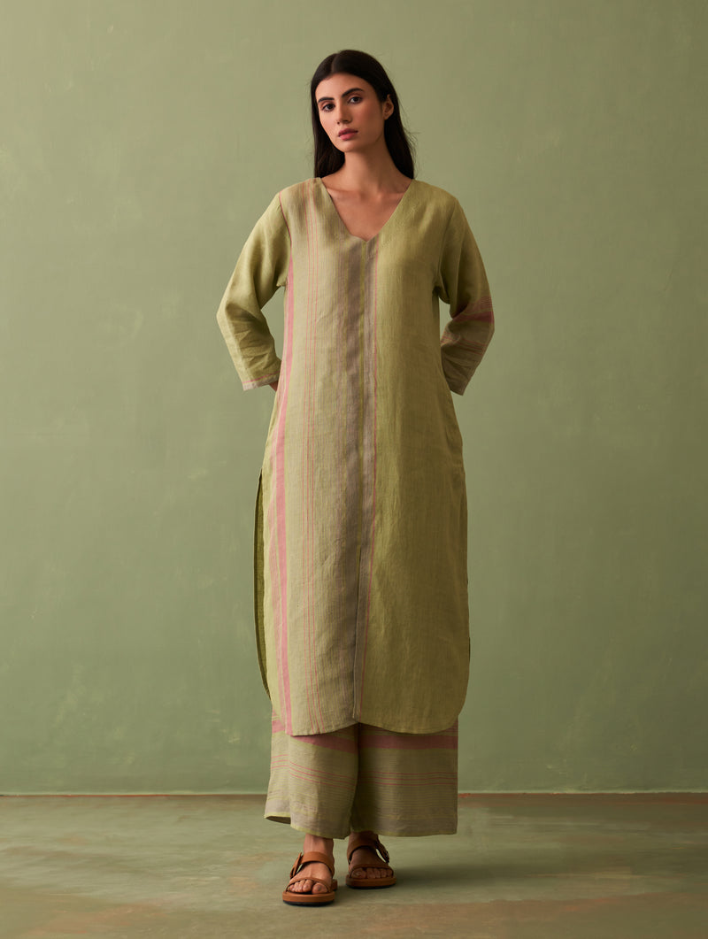 Shaza Border Linen Kurta - Fern