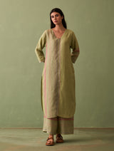 Shaza Border Linen Kurta Set - Fern