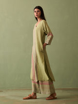 Shaza Border Linen Kurta - Fern