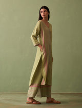 Shaza Border Linen Kurta Set - Fern