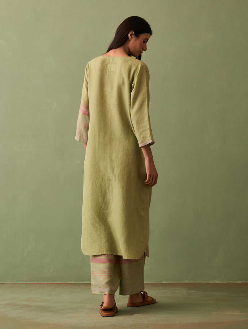 Shaza Border Linen Kurta - Fern