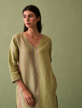 Shaza Border Linen Kurta - Fern