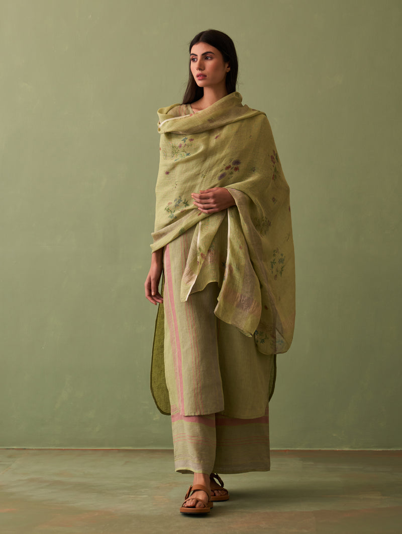 Shaza Border Linen Kurta Set - Fern