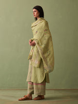 Shaza Border Linen Kurta Set - Fern