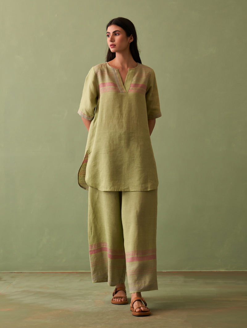 Zuri Border Linen Kurta - Fern